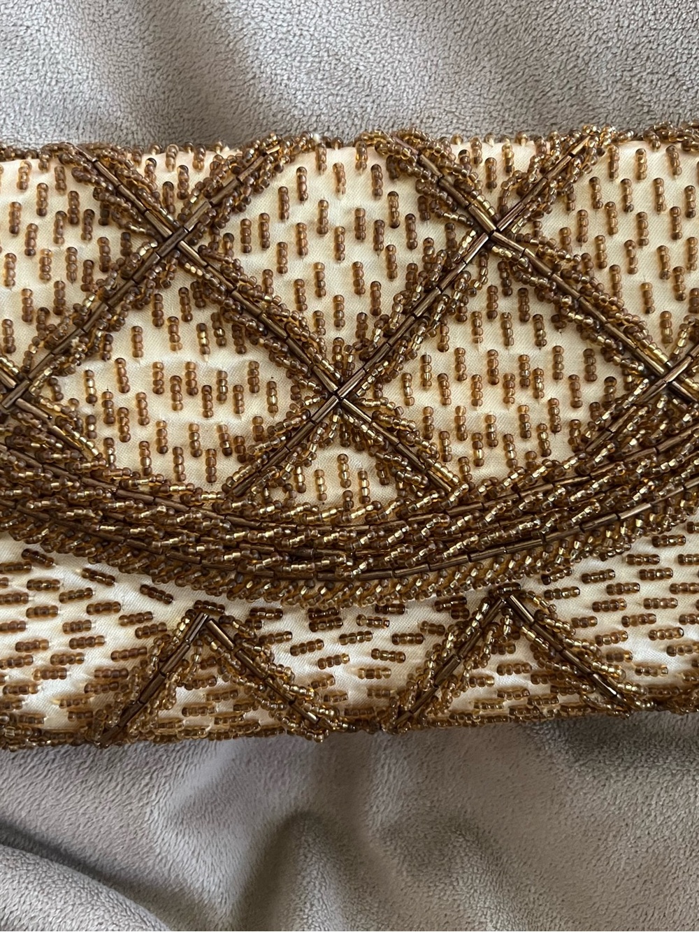 Vintage Ivory Satin Bronze Gold Beaded Evening Clutch Purse Made in Macau
